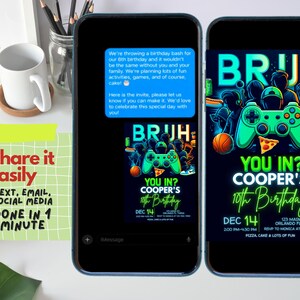 May include: A digital invitation for a 10th birthday party with a green and blue video game controller graphic. The text reads "BRUH YOU IN? COOPER'S 10th Birthday" with the date "DEC 14" and party details.