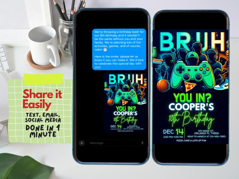 May include: A digital invitation for a 10th birthday party with a green and blue video game controller graphic. The text reads "BRUH YOU IN? COOPER'S 10th Birthday" with the date "DEC 14" and party details.