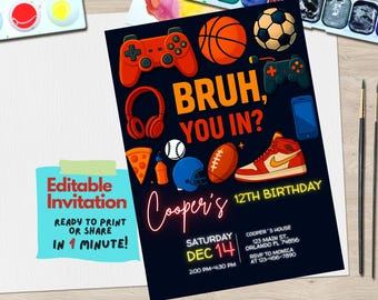 Teen Gamer Geburtstagseinladung | Bearbeitbare Canva Vorlage | BRUH SIE HEREIN? Motiv | Videospiel-Party für Kinder | Digitaler Download