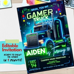Gamer Truck Geburtstagseinladung Bearbeitbare Vorlage | Videospiel LKW Party einladen | Digitaler Download | Geburtstags-Feier-Motiv