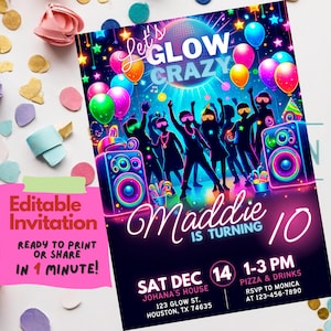 Let's Glow Crazy Geburtstagseinladung, bearbeitbare Canva-Vorlage, Glow Party einladen, Glow in the dark Karte, personalisierbare Neon Glow-Einladung