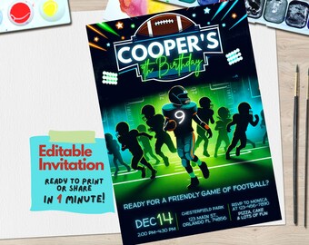May include: Editable invitation for a football-themed birthday party. The invitation features a green and black football field with a neon green glow. The text "COOPER'S 9th Birthday!" is in a neon green font. The invitation also includes the date and time of the party, the location, and RSVP information.