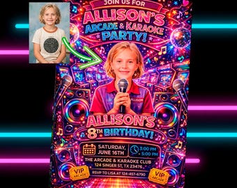 Custom Arcade and Karaoke Birthday Invitation with Photo, Neon Level Up and Sing Party Invite