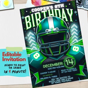 Convite de aniversário de futebol | Modelo de Canva editável com tema de futebol | Convite para festa de touchdown | Download personalizável com tema de esportes