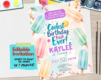 Popsicle Birthday Invitation Template | Coolest Birthday Bash Ever Summer Party Invite | Editable Canva Template | Ice Cream Theme