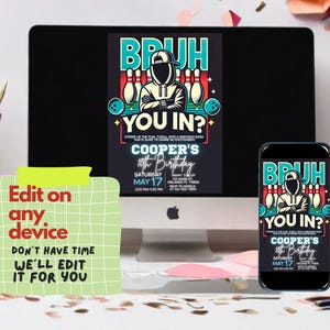 May include: A digital invitation for a 10th birthday party with a bowling theme. The invitation features a cartoon illustration of a person wearing a black hoodie and a backwards baseball cap, bowling. The text on the invitation reads "Bruh You In?" and "Cooper's 10th Birthday, Saturday May 17".