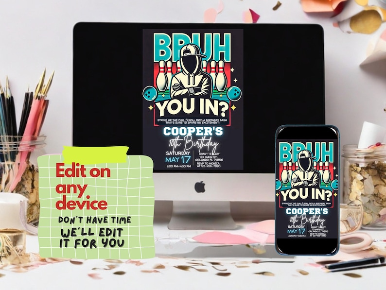 May include: A digital invitation for a 10th birthday party with a bowling theme. The invitation features a cartoon illustration of a person wearing a black hoodie and a backwards baseball cap, bowling. The text on the invitation reads "Bruh You In?" and "Cooper's 10th Birthday, Saturday May 17".