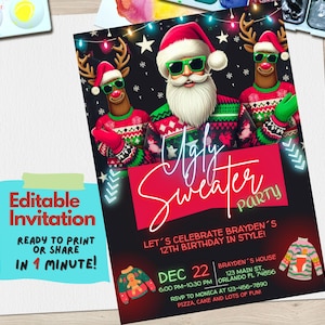 Modello di invito per festa con maglione di Natale brutto - Invito per festa festiva modificabile - Download digitale per riunioni di Natale