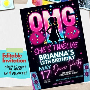 Convite de aniversário para festa de dança Tween Girl Glow - Modelo Canva editável rosa neon - Convite com tema de festa de dança OMG, brilho legal no escuro
