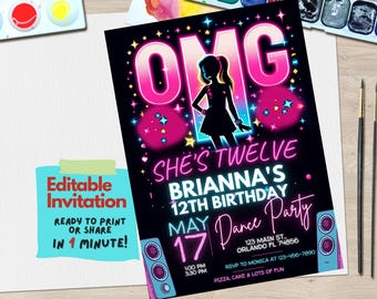 Könnte beinhalten: Eine schwarze Einladung mit dem Text "OMG" in Pink und einer Silhouette eines Mädchens. Die Einladung ist für Briannas 12. Geburtstagsparty am 17. Mai. Enthält den Text "Bearbeitbare Einladung" und "Sofort drucken oder teilen!"