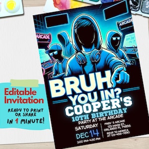Convite para festa de fliperama editável Canva Template | BRUH YOU IN? Convite de aniversário de jogador para meninos, pré-adolescentes, adolescentes, crianças | Download digital