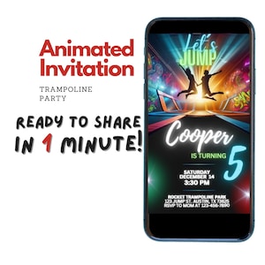 May include: A digital invitation for a trampoline party with a neon green and blue design. The invitation says "Let's Jump" and features a silhouette of two people jumping on a trampoline. The text says "Cooper is turning 5" and includes the date, time, and location of the party.