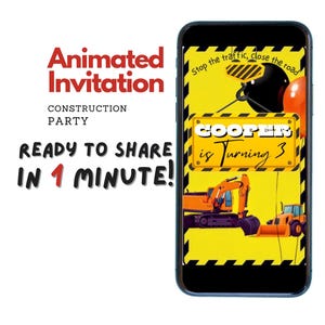 May include: A digital invitation for a construction themed birthday party. The invitation features a yellow background with black and yellow stripes. The text "Stop the traffic, close the road" is at the top of the invitation. A cartoon construction crane is in the middle of the invitation with the text "Cooper is turning 3".