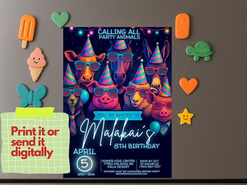 Peut inclure: Une invitation de f&ecirc;te aux couleurs n&eacute;on pour un 8&egrave;me anniversaire. L'invitation pr&eacute;sente une illustration color&eacute;e d'animaux portant des chapeaux de f&ecirc;te et des lunettes de soleil. Le texte sur l'invitation indique "Calling all party animals" et "You're invited to Malakai's 8th Birthday". La f&ecirc;te a lieu le 5 avril de 15h &agrave; 18h au Power Kids Center &agrave; Palm Desert, Californie.