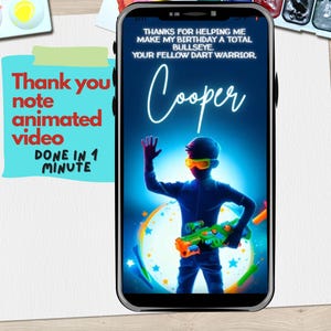 Dart Gun Geburtstagsfeier Animierte Danke Video Notiz Vorlage Bearbeitbar in Canva für personalisierte Kinder Party Danke Nachrichten