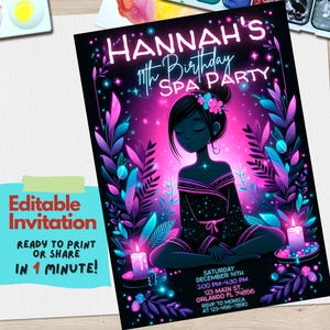 Spa Birthday Invitation Editable Template for Girls | Customizable Pampering Party Invite in Canva for Kids&#39; Spa Day Party, Girl Invite Card