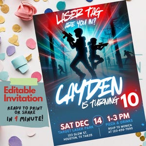 Laser Tag Geburtstagseinladung, bearbeitbare Canva Vorlage, Jungen Laser Tag Party einladen, digitaler Download, anpassbare Laser Tag einladen