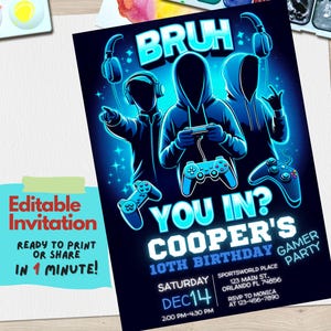 Convite de Aniversário Gamer Editável para Meninos – BRUH YOU IN? Modelo Canva para Festa de Jogos – Download Digital para Celebração Temática de Videogame