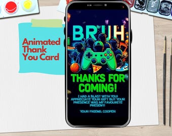 Animated Gamer Thank You Card Editable in Canva with Photo Upload – Video Thank You for Kids Gaming Birthday Party – Download for Boys