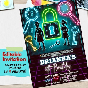 Geburtstagseinladung Zimmer | Bearbeitbare Canva Vorlage | Mystery Party einladen | Digitaler Download | Escape Room Thema für Kinder, Party Karte