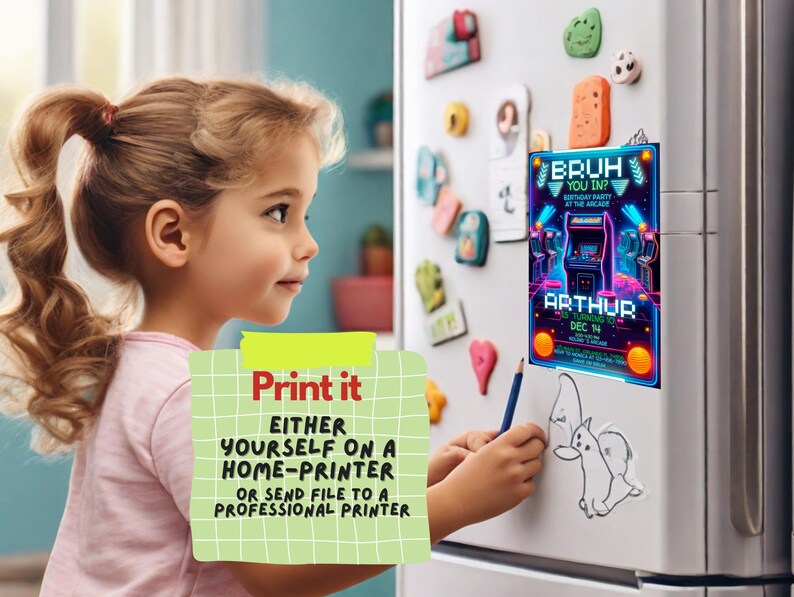 Puede incluir: Una invitaci&oacute;n imprimible para una fiesta de cumplea&ntilde;os con un tema de videojuegos retro. La invitaci&oacute;n presenta un dise&ntilde;o azul y morado ne&oacute;n con un juego de arcade pixelado y el texto "Bruh You In?" y "Arthur Turning 10 Dec 14".