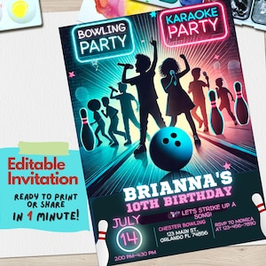 Modelo de convite para festa de aniversário de boliche e karaokê | Design divertido e personalizável | Download digital para impressão e edição, diversão com boliche