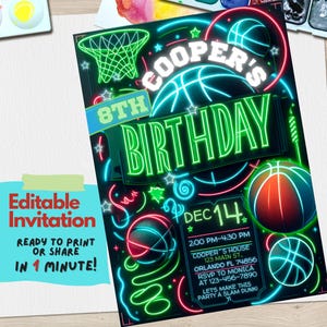 Einladung zur Basketball-Geburtstagsfeier | Bearbeitbare Basketball Vorlage | Anpassbare Slam Dunk Sport einladen |  Download, Neon Glow Einladen