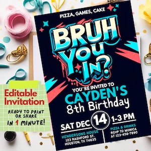 Convite de aniversário Bruh, qualquer idade, qualquer tema, modelo digital, convite para festa editável, download instantâneo, cartão de aniversário para impressão, grafite legal