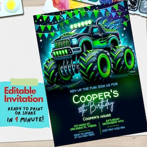 Monster Truck Geburtstagseinladung, bearbeitbare Party einladen, Thema große Räder, Geburtstagsfeier des Jungen, druckbare Vorlage, Big Truck Einladungskarte