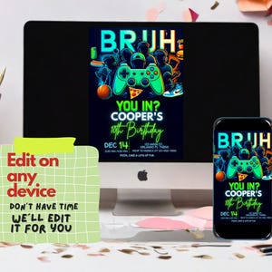 May include: A digital invitation for a 10th birthday party with a green and black video game theme. The invitation features a video game controller, pizza, and the text "BRUH YOU IN? COOPER'S 10th Birthday DEC 14".