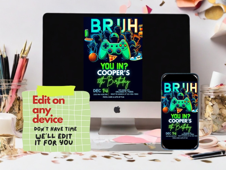May include: A digital invitation for a 10th birthday party with a green and black video game theme. The invitation features a video game controller, pizza, and the text "BRUH YOU IN? COOPER'S 10th Birthday DEC 14".