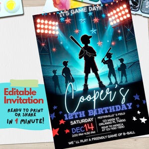 Plantilla de invitación de cumpleaños de béisbol editable / Invitación a fiesta de deportes de estrellas / Descarga digital de Canva para fiesta temática de béisbol de niños