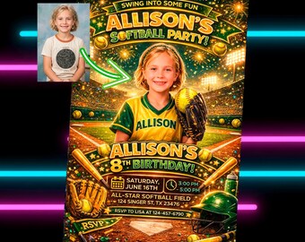 Custom Softball Birthday Invitation with Photo, Girls Softball Party Invite, Personalized Home Run Birthday