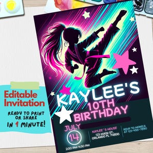 May include: A colorful birthday invitation with a silhouette of a girl in a karate pose. The invitation is for Kaylee's 10th birthday and includes the date, time, and location of the party. RSVP information is also included.