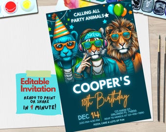 May include: Editable invitation for a 10th birthday party with a blue, green, and orange color scheme. The invitation features a tiger, a lion, and a blue creature wearing sunglasses and party hats. The text on the invitation reads "Calling all party animals" and "Cooper's 10th Birthday".