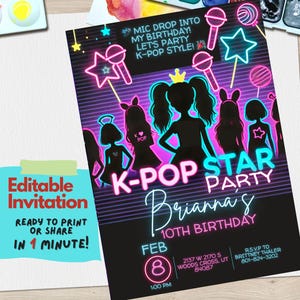 Invitación de cumpleaños de K-Pop / Invitación digital editable para adolescentes y preadolescentes / Descarga instantánea del tema de fiesta de K-Pop / Cumpleaños de estrella del pop coreano