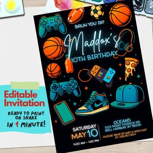 May include: A black and orange birthday invitation with the text "Bruh you in? Maddox's 10th Birthday" and graphics of a basketball, video game controller, a pair of headphones, a pizza slice, a shoe, and a baseball cap. The invitation also includes the date and time of the party, the address, and the RSVP information.