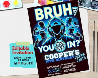 May include: A blue and neon green birthday party invitation with the text "Bruh You In?" and "Cooper's 10th Birthday Pizza Party". The invitation features a cartoon illustration of a group of people wearing hoodies and headphones.