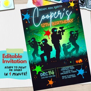 Plantilla editable de invitación de cumpleaños de paintball: invitación a una fiesta de paintball para niños y niñas, para niños y adolescentes, descarga digital, para cualquier edad