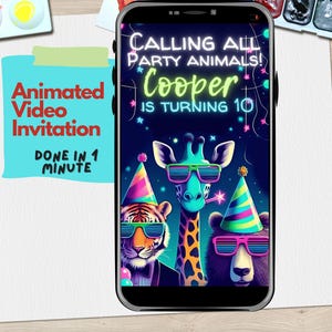Party Tiere Bearbeitbare Animierte Video Geburtstagseinladung Vorlage | Dschungel Safari-Themed Kinder Party Digitale Einladung für Text, E-Mail