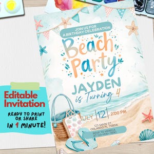 Strand-Geburtstags-Einladungs-Vorlage | Bearbeitbare Sommerparty einladen | Canva Pool Party Printable | Ozean-Thema | Instant Download Poolparty