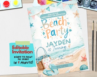 May include: A beach-themed birthday party invitation with the text "Beach Party" and "Jayden is Turning 4". The invitation features beach elements like a sandy shore, seashells, and a beach bag. Includes the text "Editable Invitation" and "Ready to print or share in 1 minute!"