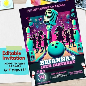 Convite de aniversário de boliche e karaokê | Festa de boliche brilhante | Festa de canto e boliche | Convite de aniversário para crianças, adolescentes e adolescentes | Modelo editável