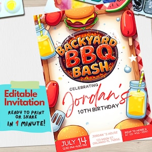 May include: A colorful invitation for a Backyard BBQ Bash, featuring illustrations of burgers, watermelon, and popsicles. The invitation includes the text "Editable Invitation" and details for a birthday party, including the date, time, and location.