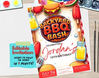 BBQ Birthday Bash Invitation | Backyard Cookout & Grill Party Invite | Edit Canva Template | Summer Picnic, Burgers and Hot Dogs | Download