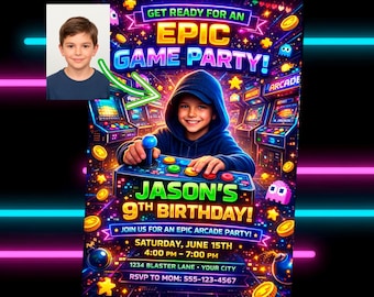 Arcade Birthday Invitation with Photo | Neon Video Game Party Invite | Level Up at the Arcades