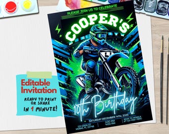 Motocross Birthday Invitation Template - Editable Canva Motocross Party Invite for Kids, Dirt Bike Birthday Theme, Instant Digital Download