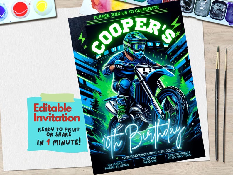 May include: A green and blue birthday invitation featuring a graphic of a person riding a dirt bike. The text on the invitation reads "Cooper's 10th Birthday".