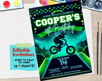 May include: A green and black birthday invitation with neon green text that says "Cooper's 10th Birthday". The invitation features a graphic of a person riding a bicycle on a neon green track. The invitation includes details for the party, including the date, time, location, and RSVP information.