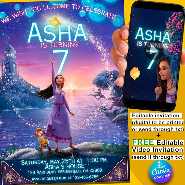 Disney Wish instant download digital invitation & video animated invite both editable in Canva.com for free bestseller Edit it yourself